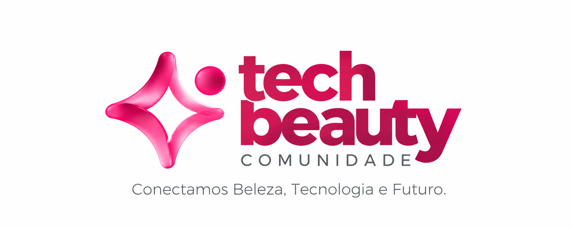 Logotipo oficial da Comunidade Tech Beauty: símbolo rosa tridimensional, nome Tech Beauty, Comunidade e assinatura Conectamos Beleza, Tecnologia e Futuro.